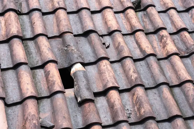 Broken roof tiles leaving a hole through to the battens underneath