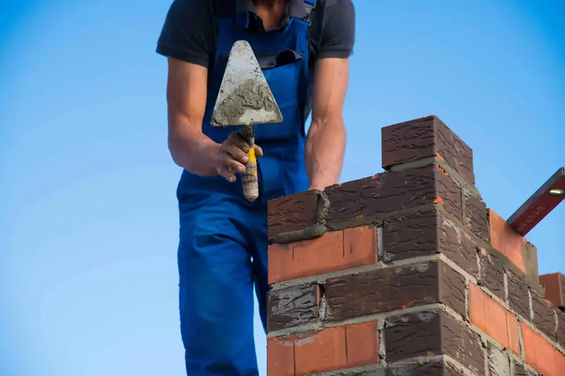 Roofer laying bricks with a trowel to rebuild a chimney stack
